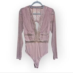 Lulus Casita Sheer Lace Long Sleeve Bodysuit Mauve Rose Nylon Spandex Fantasy